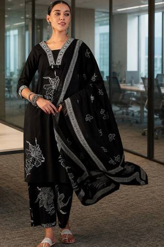 black floral thread work   cotton stitched straight palazzo salwar suit set