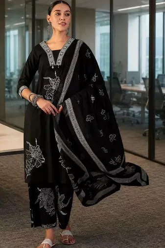 black floral thread work   cotton stitched straight palazzo salwar suit set