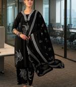 black floral thread work   cotton stitched straight palazzo salwar suit set