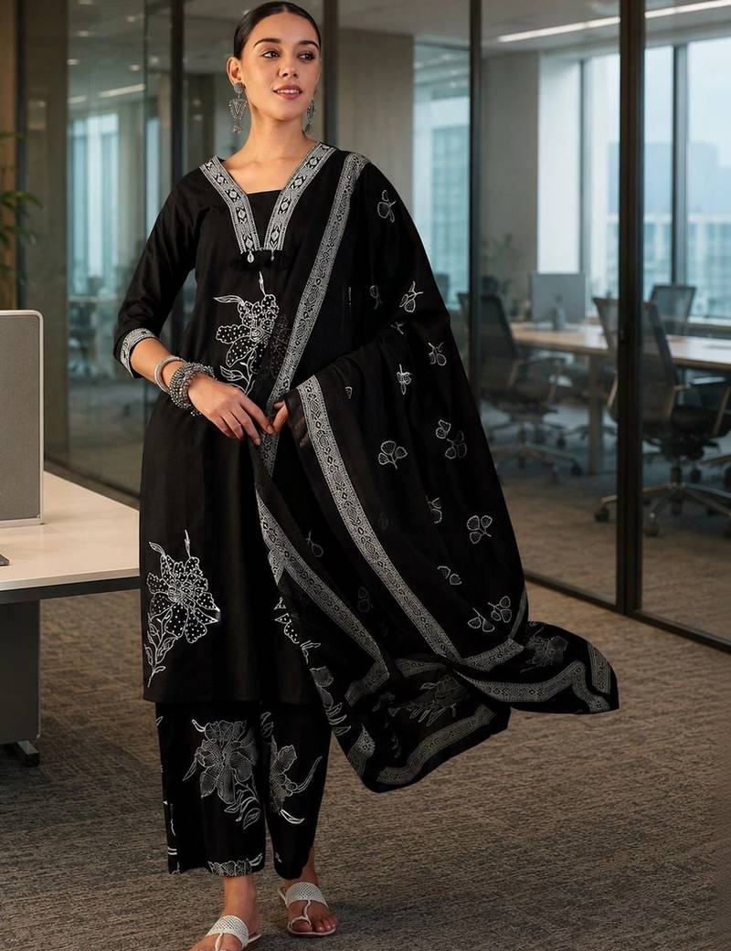 black floral thread work   cotton stitched straight palazzo salwar suit set