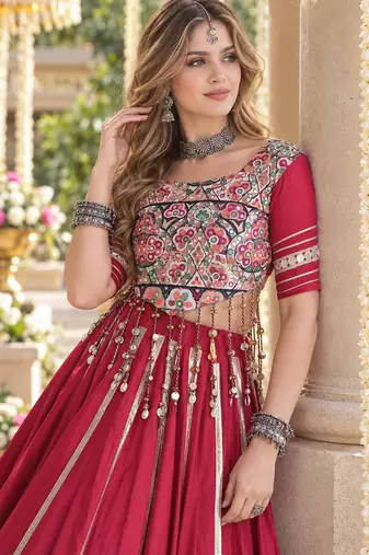 Maroon Rayon Readymade Navratri Lehenga Choli with Mirror & Embroidery Work