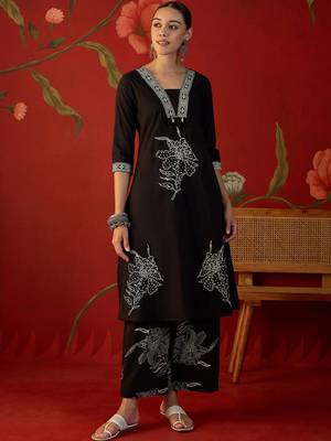 black floral thread work   cotton stitched straight palazzo salwar suit set 2