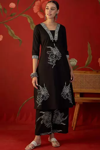 black floral thread work   cotton stitched straight palazzo salwar suit set