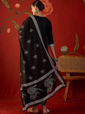 black floral thread work   cotton stitched straight palazzo salwar suit set 3