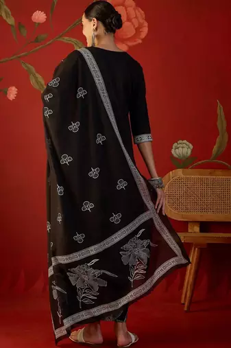 black floral thread work   cotton stitched straight palazzo salwar suit set