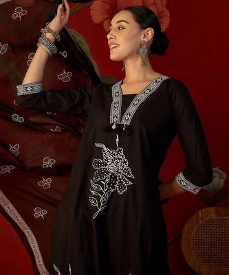 black floral thread work   cotton stitched straight palazzo salwar suit set 4