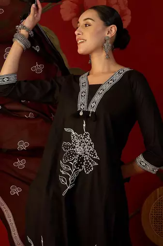black floral thread work   cotton stitched straight palazzo salwar suit set