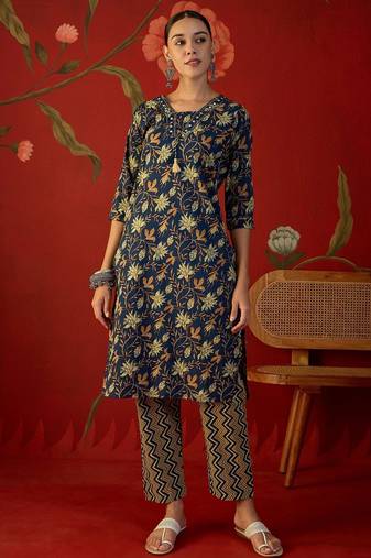 navy blue floral printed   cotton stitched straight trouser salwar suit set