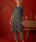 navy blue floral printed   cotton stitched straight trouser salwar suit set