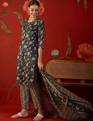 navy blue floral printed   cotton stitched straight trouser salwar suit set 2