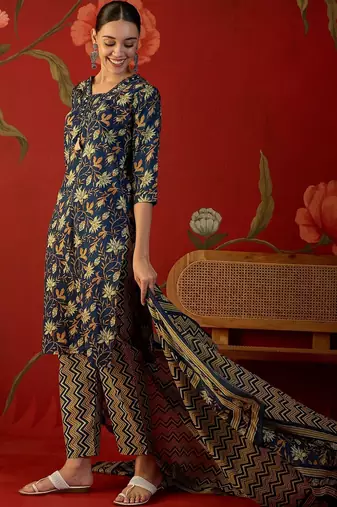 navy blue floral printed   cotton stitched straight trouser salwar suit set