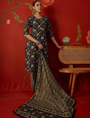 navy blue floral printed   cotton stitched straight trouser salwar suit set 3