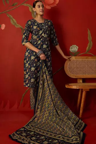 navy blue floral printed   cotton stitched straight trouser salwar suit set