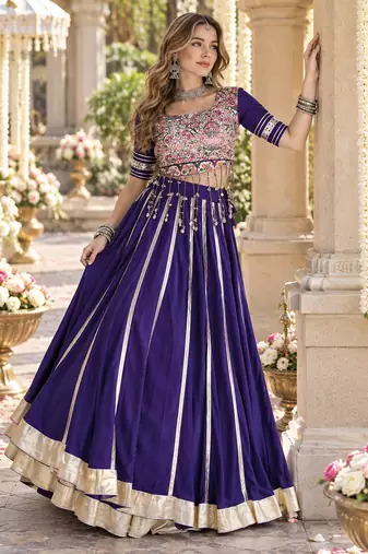 Violet Rayon Readymade Navratri Lehenga Choli with Mirror & Embroidery Work
