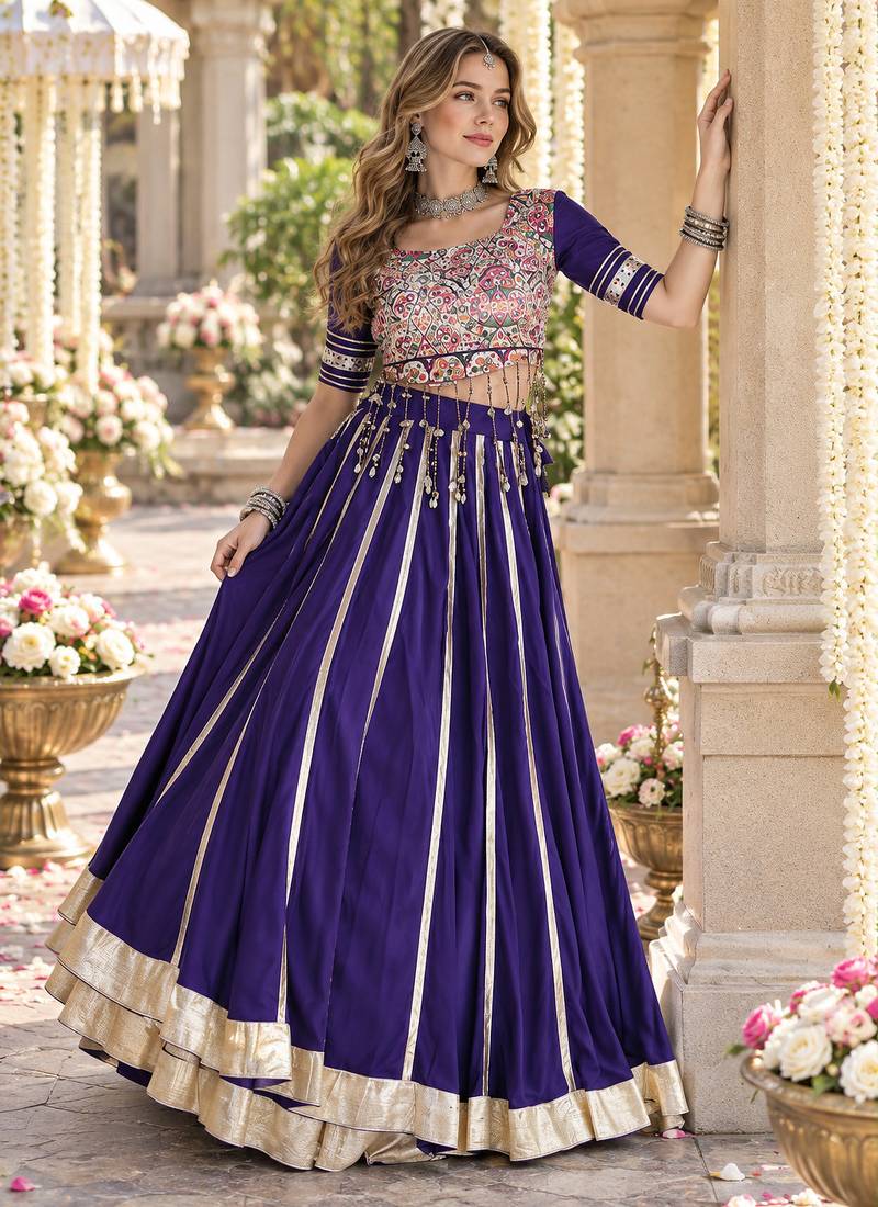 Violet Rayon Readymade Navratri Lehenga Choli with Mirror & Embroidery Work