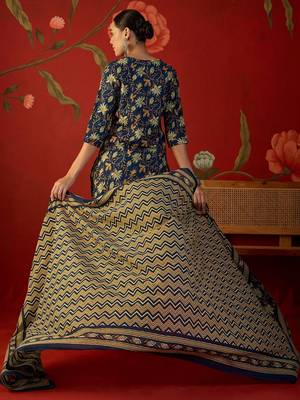 navy blue floral printed   cotton stitched straight trouser salwar suit set 4