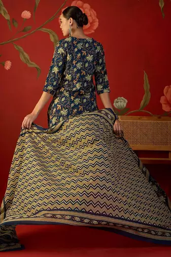 navy blue floral printed   cotton stitched straight trouser salwar suit set