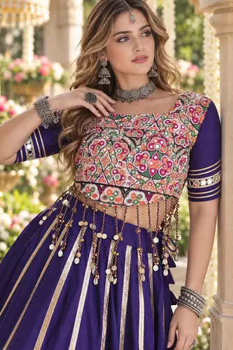 Violet Rayon Readymade Navratri Lehenga Choli with Mirror & Embroidery Work
