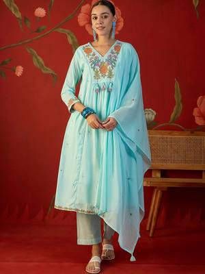 sky blue floral embroidered   cotton stitched empire trouser salwar suit set 1