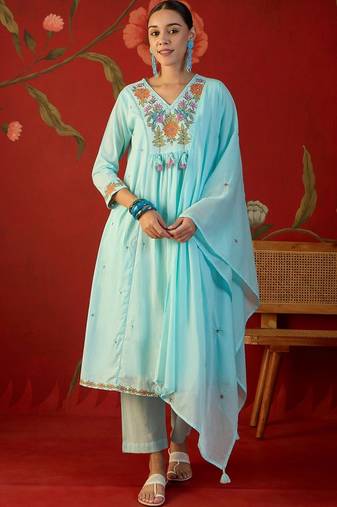 sky blue floral embroidered   cotton stitched empire trouser salwar suit set