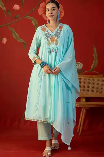 sky blue floral embroidered   cotton stitched empire trouser salwar suit set