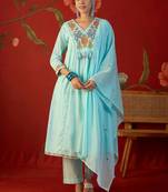 sky blue floral embroidered   cotton stitched empire trouser salwar suit set