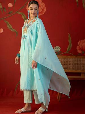 sky blue floral embroidered   cotton stitched empire trouser salwar suit set 2