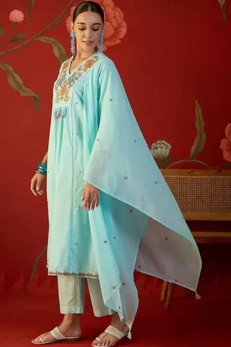 sky blue floral embroidered   cotton stitched empire trouser salwar suit set