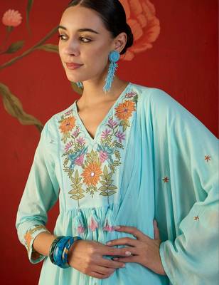 sky blue floral embroidered   cotton stitched empire trouser salwar suit set 3