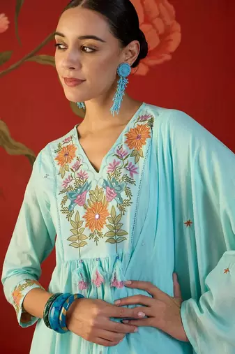 sky blue floral embroidered   cotton stitched empire trouser salwar suit set