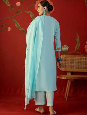 sky blue floral embroidered   cotton stitched empire trouser salwar suit set 4