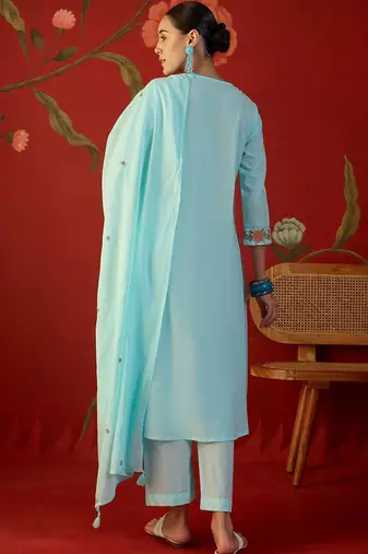 sky blue floral embroidered   cotton stitched empire trouser salwar suit set