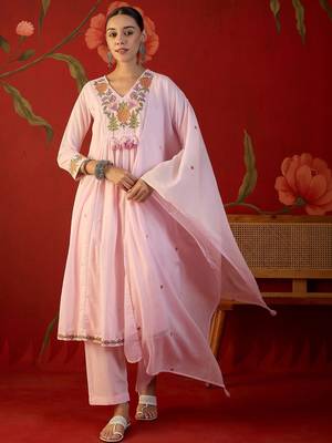 pink floral embroidered   cotton stitched empire trouser salwar suit set 1