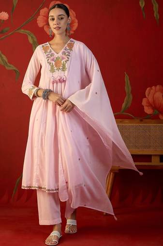pink floral embroidered   cotton stitched empire trouser salwar suit set
