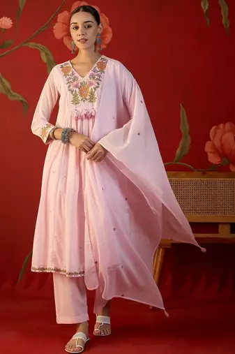 pink floral embroidered   cotton stitched empire trouser salwar suit set