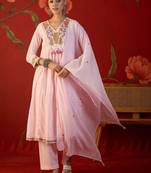 pink floral embroidered   cotton stitched empire trouser salwar suit set