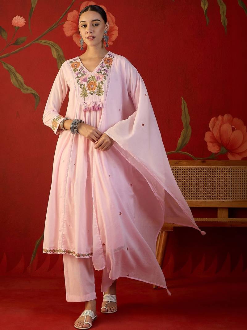pink floral embroidered   cotton stitched empire trouser salwar suit set