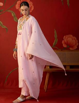 pink floral embroidered   cotton stitched empire trouser salwar suit set 2