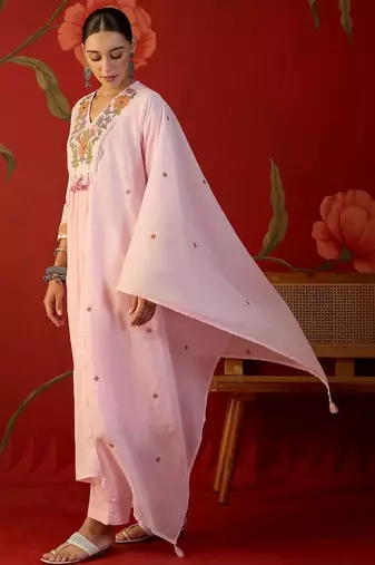pink floral embroidered   cotton stitched empire trouser salwar suit set