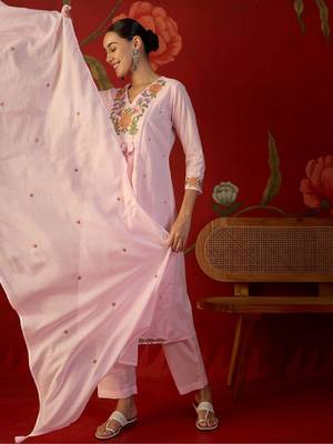 pink floral embroidered   cotton stitched empire trouser salwar suit set 3