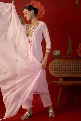 pink floral embroidered   cotton stitched empire trouser salwar suit set