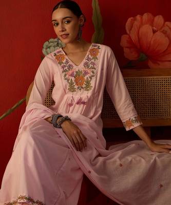 pink floral embroidered   cotton stitched empire trouser salwar suit set 4