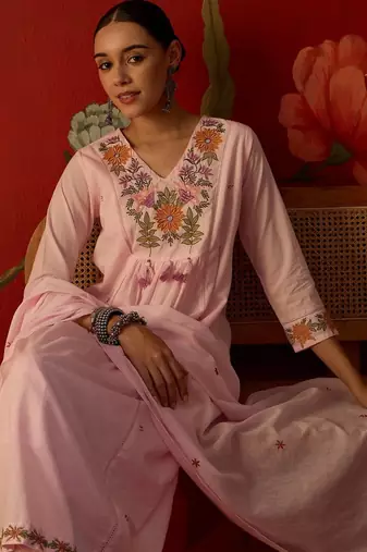 pink floral embroidered   cotton stitched empire trouser salwar suit set