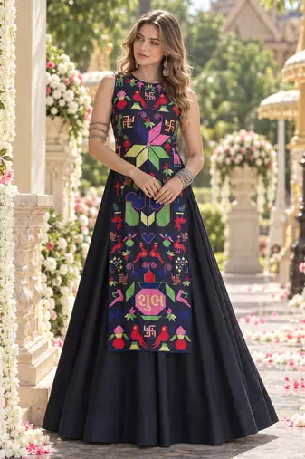 Black Cotton Readymade Navratri Lehenga Choli with Embroidery & Thread Work