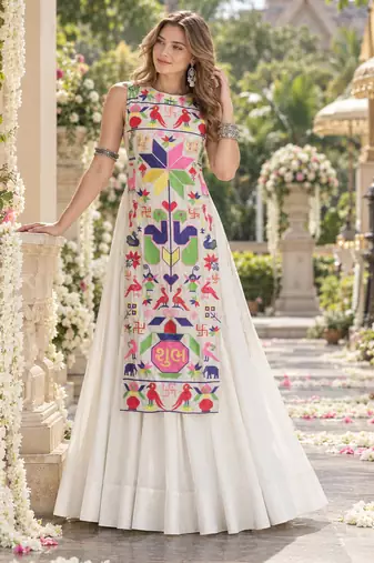 White Cotton Readymade Navratri Lehenga Choli with Embroidery & Thread Work