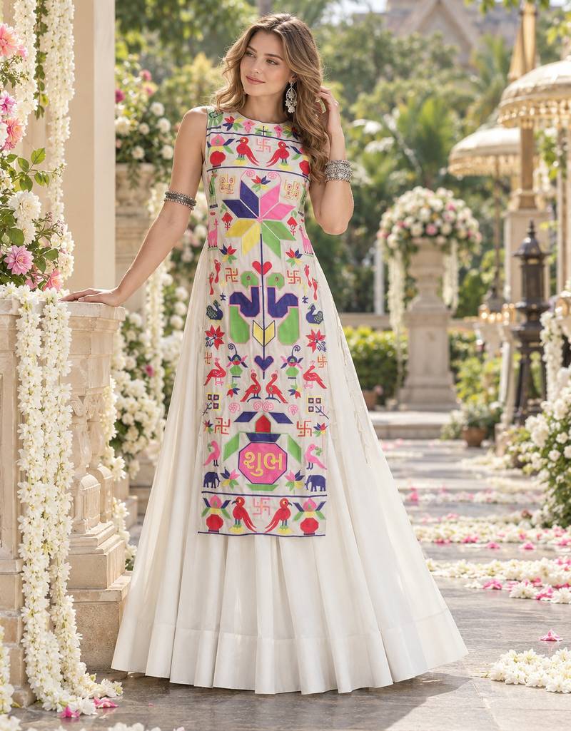 White Cotton Readymade Navratri Lehenga Choli with Embroidery & Thread Work