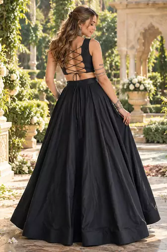 Black Cotton Readymade Navratri Lehenga Choli with Embroidery & Thread Work