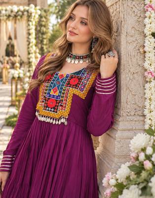 Wine rayon readymade navratri anarkali suit with kutchi thread work 2