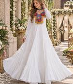 White rayon readymade navratri anarkali suit with kutchi thread work