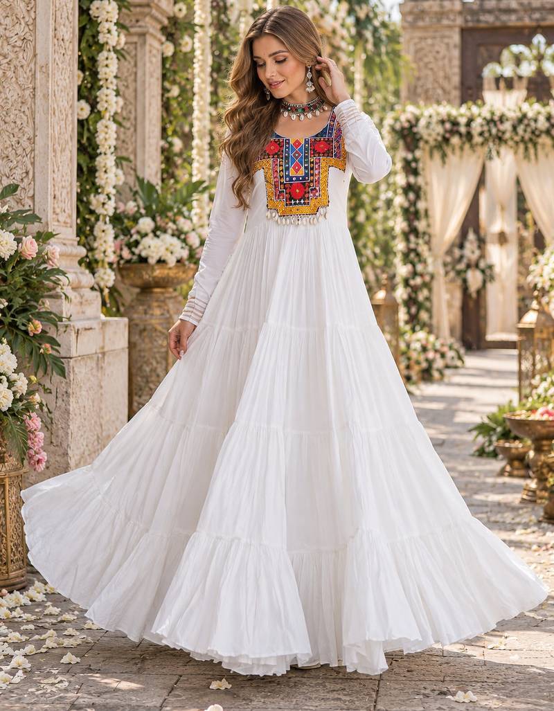 White rayon readymade navratri anarkali suit with kutchi thread work